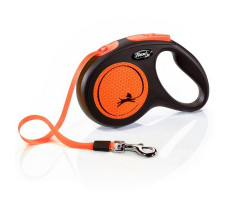 ФЛЕКСИ РУЛЕТКА НЬЮ НЕОН ДО 25КГ. 5М. Р.M РЕМЕНЬ ЧЕРН./НЕОН ОРАНЖ. (ВЕТ.) [FLEXI]