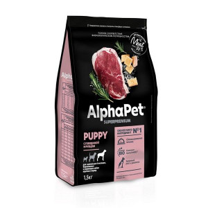 АЛЬФАПЕТ СУПЕРПРЕМИУМ КОРМ Д/ЩЕНКОВ ДО 6МЕС., БЕРЕМ. И КОРМ. СОБАК КРУП.ПОРОД ГОВЯДИНА+РУБЕЦ 1,5КГ. /АРТ.121310/ (ВЕТ.) [ALPHAPET]