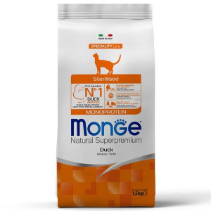 МОНЖЕ КЭТ SPECIALITY LINE MONOPROTEIN КОРМ СУХ. Д/СТЕРИЛ.КОШЕК STERILISED УТКА 1,5КГ. (ВЕТ.) [MONGE CAT]