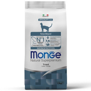 МОНЖЕ КЭТ SPECIALITY LINE MONOPROTEIN КОРМ СУХ. Д/СТЕРИЛ.КОШЕК STERILISED ФОРЕЛЬ 1,5КГ. (ВЕТ.) [MONGE CAT]
