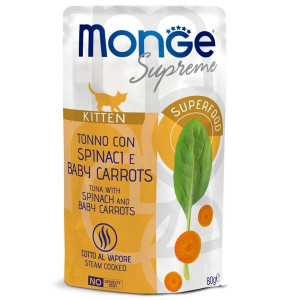 МОНЖЕ КЭТ SUPREME ВЛАЖН.КОРМ Д/КОТЯТ ТУНЕЦ+ШПИНАТ+МИНИ-МОРКОВЬ 80Г. (ВЕТ.) [MONGE CAT]