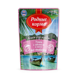 РОДНЫЕ КОРМА КОРМ Д/КОШЕК ЗАМОРСКИЕ ТУНЕЦ+ЛОСОСЬ В ЖЕЛЕ ПО-ТАЙСКИ 70Г. (ВЕТ.)